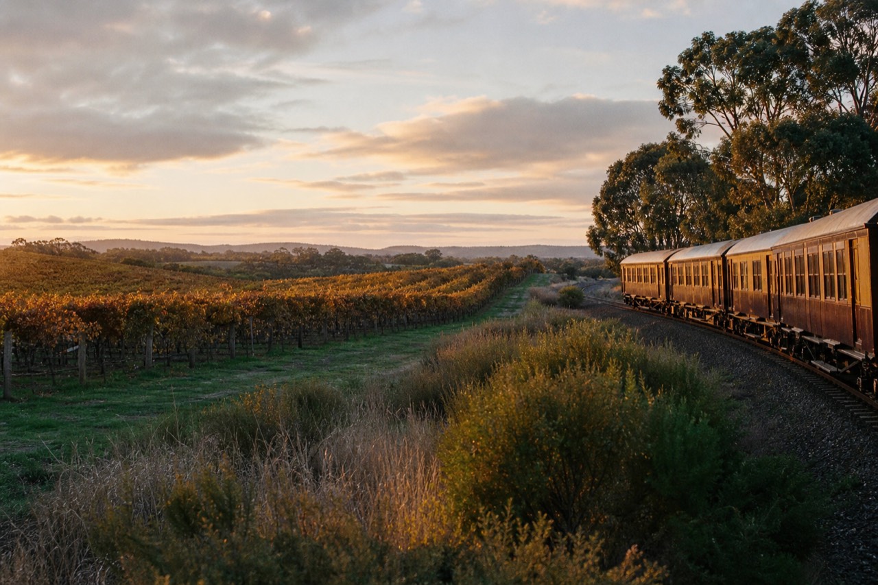 A restored rail carriage moving slowly through vineyards under a wide sky, warm afternoon light, no text, no logos, no people