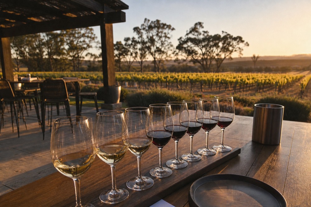 A seated wine tasting on a sunny estate terrace with a flight of glasses and vineyard rows beyond, no text, no logos, no people