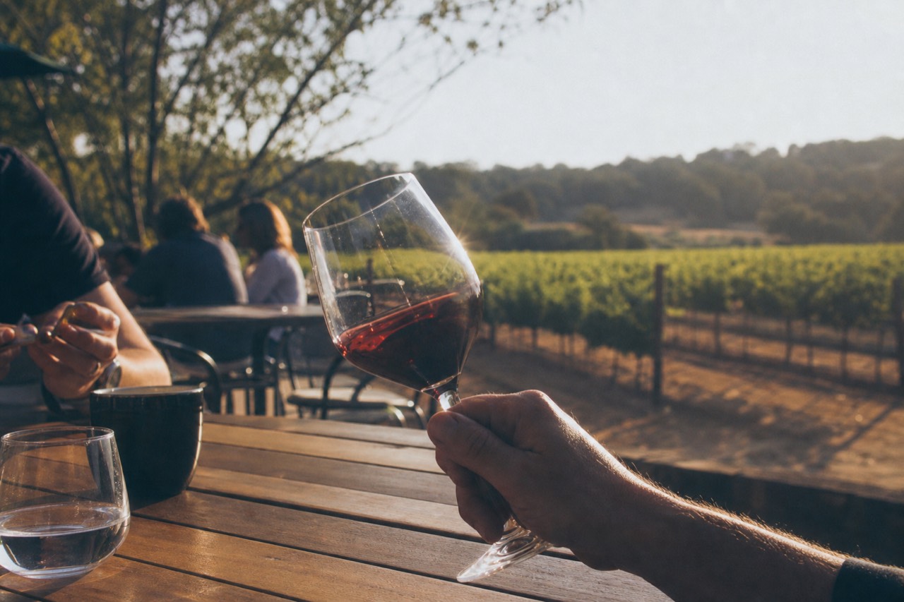 A hand holding a wine glass by the stem and swirling it at a tasting table with vineyard rows behind, warm light, no text, no logos, no faces