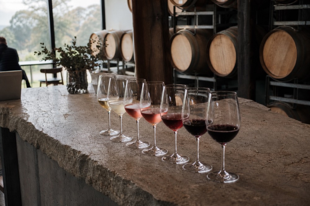 A row of small tasting pours lined up on a stone bar with barrels behind, soft cellar light, no text, no logos, no people